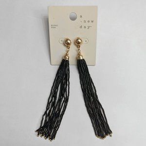 NEW Gold Tone Black Seed Bead Shoulder Sweeper Pierced Drop Dangle Earrings
